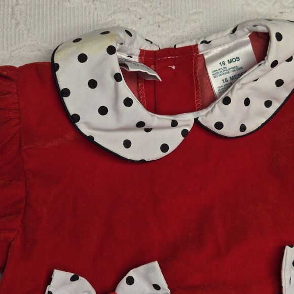 Small Steps Red Velvet Polkadot Bow 80s Party Baby Kid Dress 18 Months Christmas - Picture 4 of 8